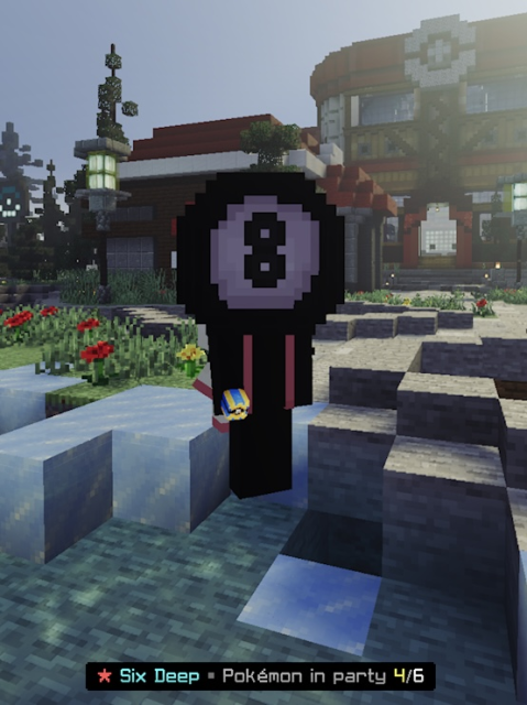 A player wearing the 8 Ball Head cosmetic in PokéCraft